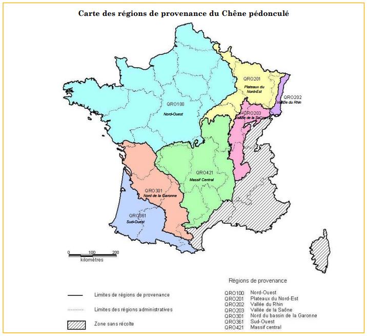 Régions de provenance du chêne pédonculé