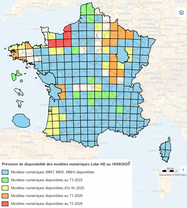 Carte des avancées du programme LiDAR HD (IGN – août 2025)
