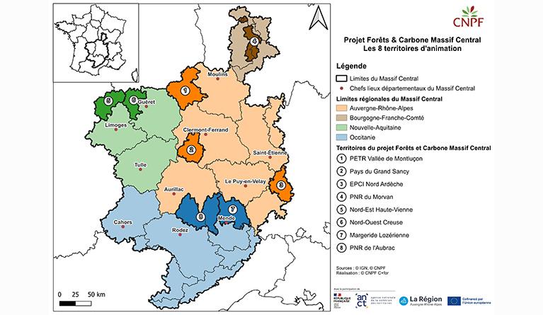 Carte des 8 territoires d'animation du projet Forêts et Carbone Massif Central